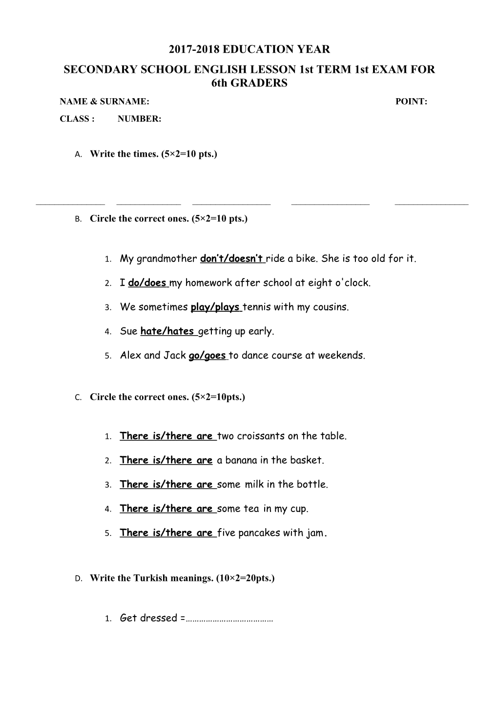 SECONDARY SCHOOL ENGLISH LESSON 1St TERM 1St EXAM for 6Th GRADERS