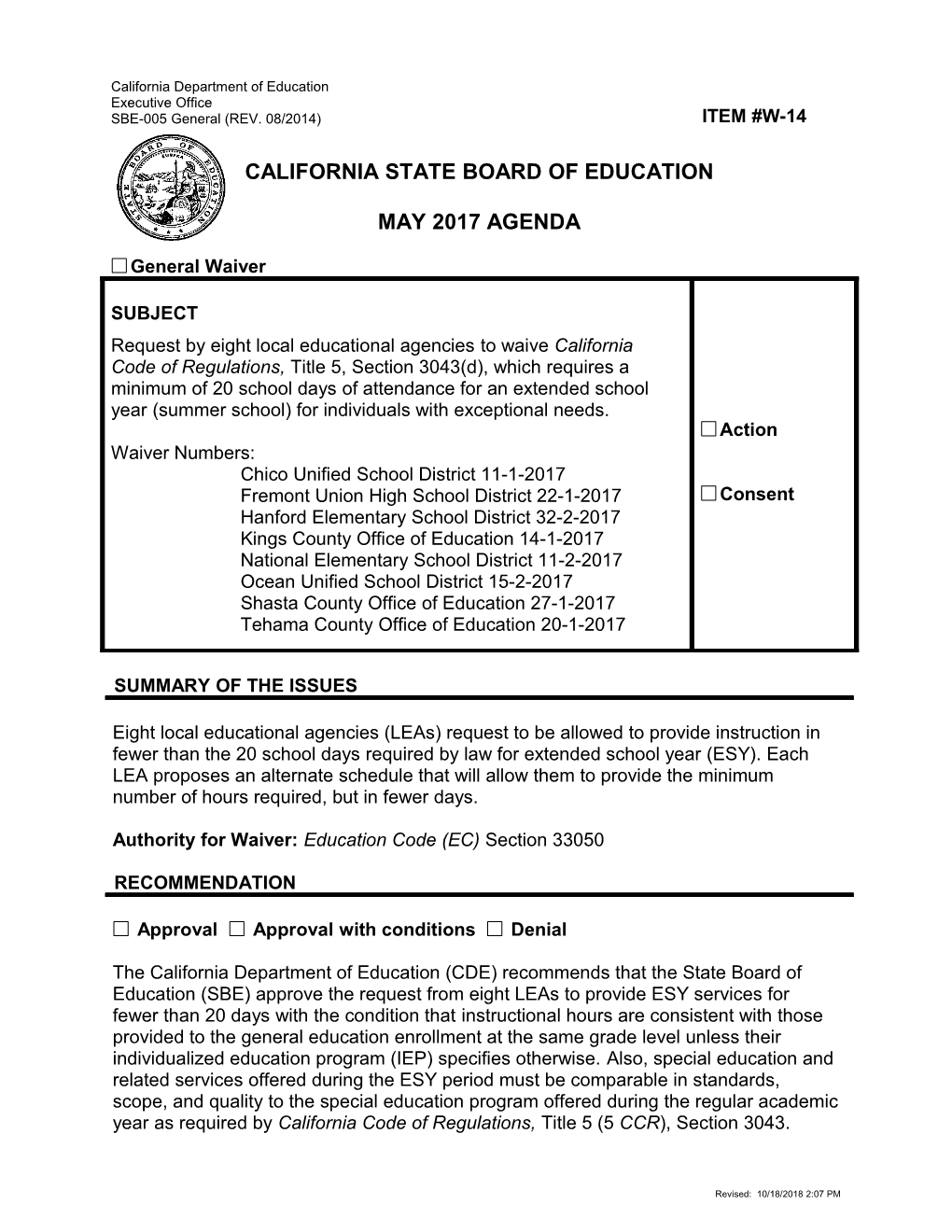 May 2017 Agenda Item W-14 - Meeting Agendas (CA State Board of Education)