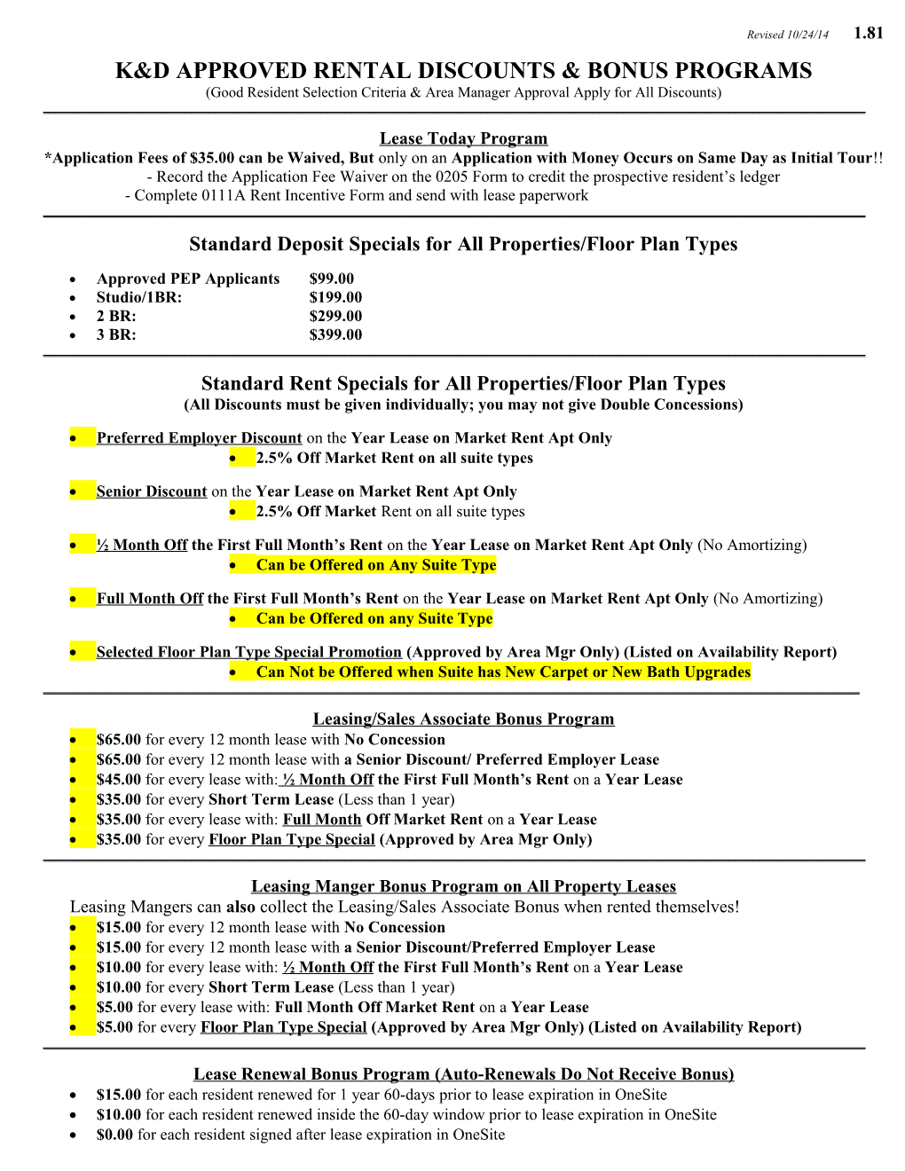 The Revised Rent Special & Bonus Program Effective December 4, 2009