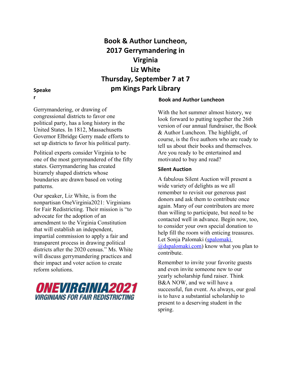 Book & Author Luncheon, 2017 Gerrymandering in Virginia