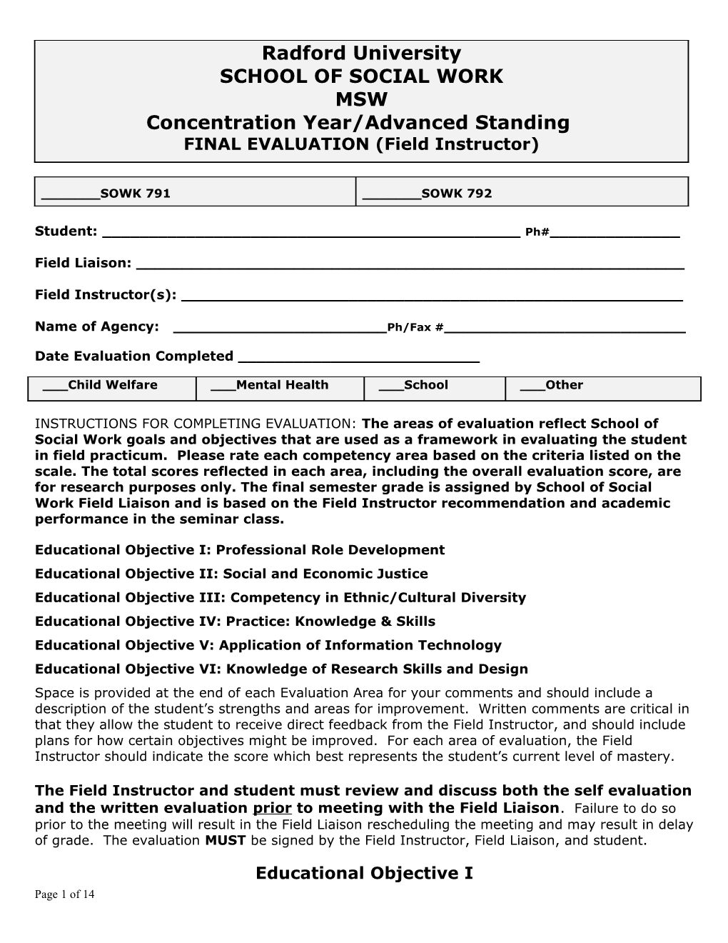 Concentration Year/Advanced Standing