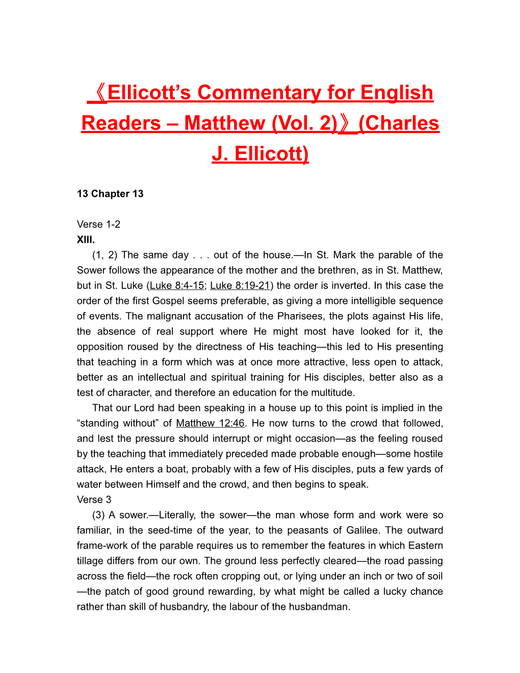 Ellicott S Commentary for English Readers Matthew (Vol. 2) (Charles J. Ellicott)