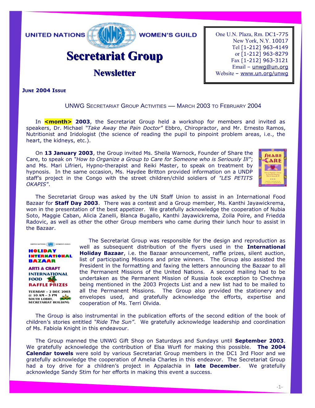UNWG Secretariat Group Activities March 2003 to February 2004