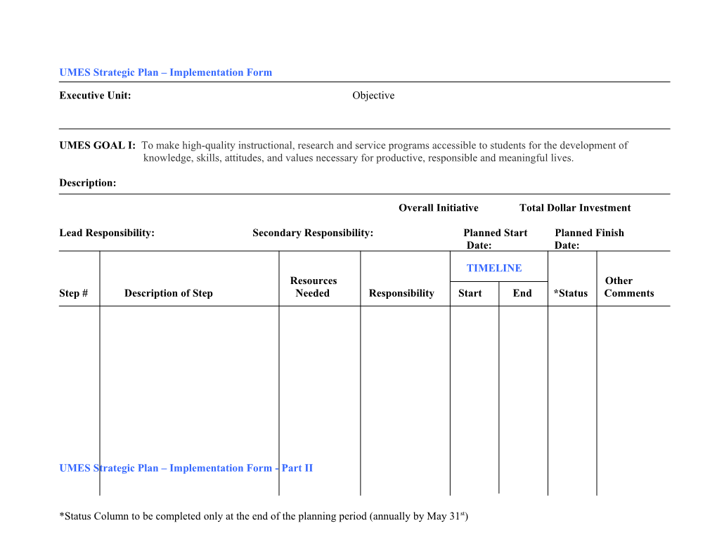 UMES Strategic Plan Implementation Form