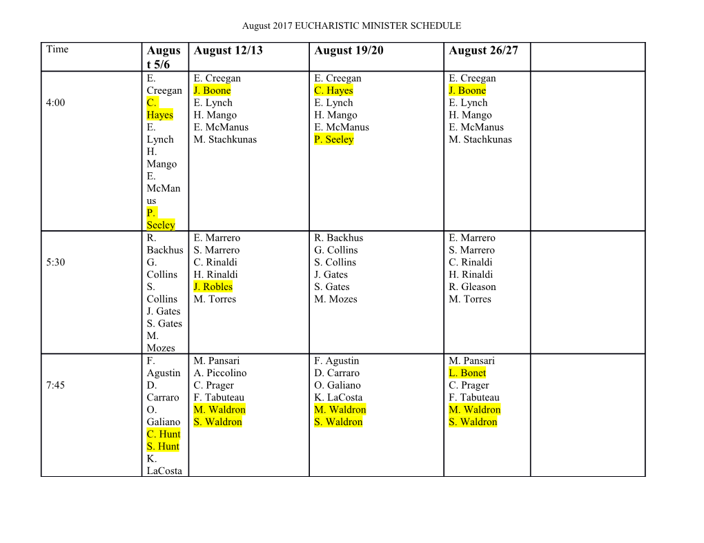 August 2017EUCHARISTIC MINISTER SCHEDULE