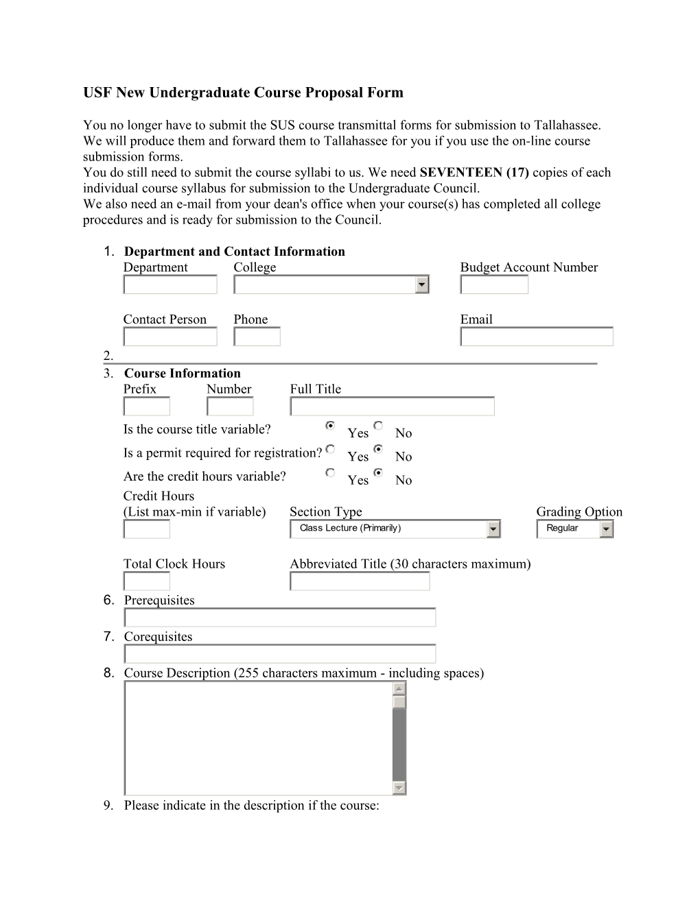 USF Undergraduate Council New-Course Proposal On-Line Form