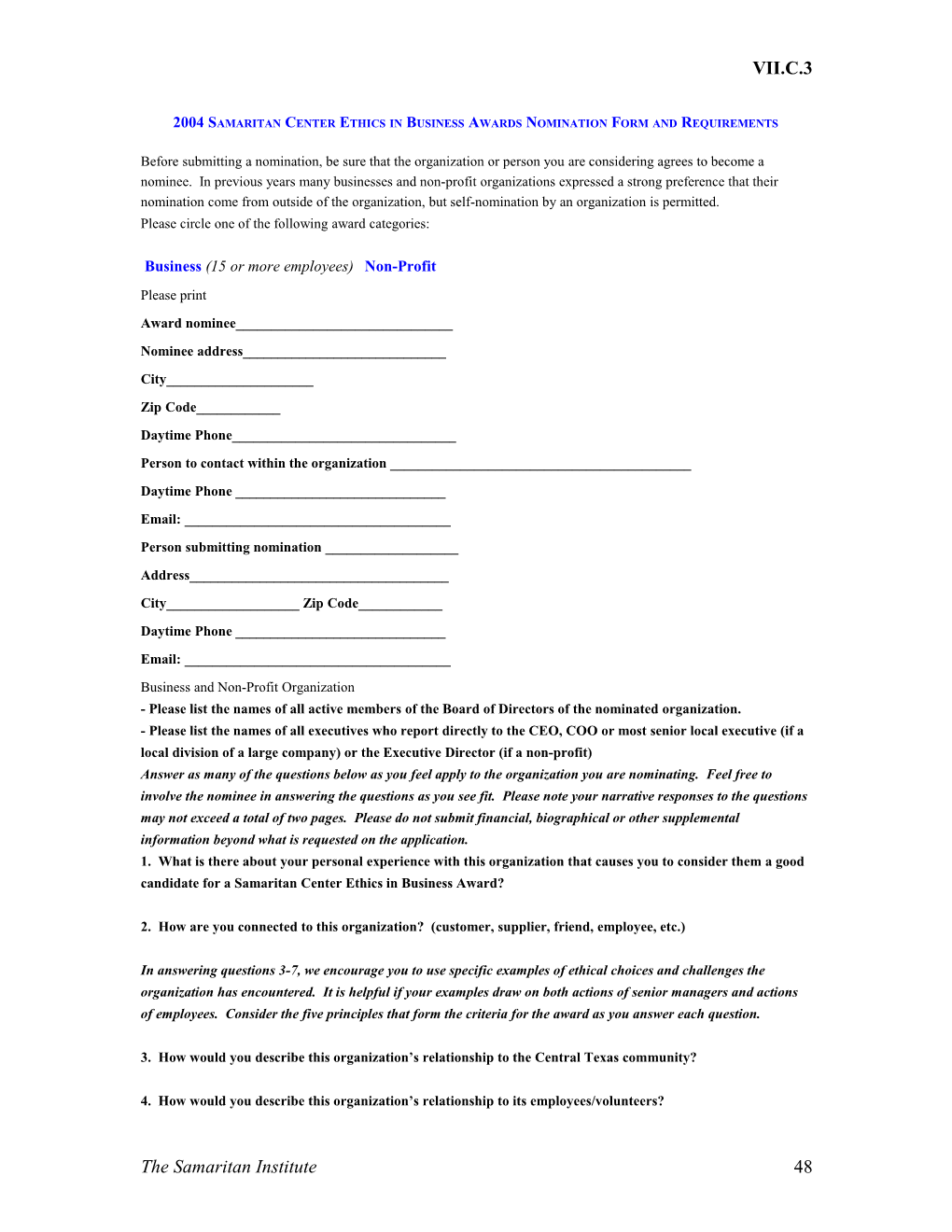 2004 Samaritan Center Ethics in Business Awards Nomination Form and Requirements