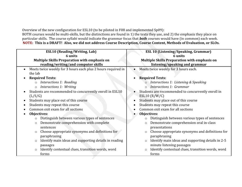 Overview of the New Configuration for ESL10 (To Be Piloted in F08 and Implemented Sp09)