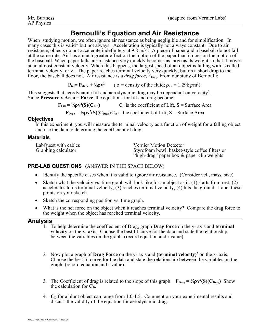 AP Physics Bernoulli S Equation and Air Resistance