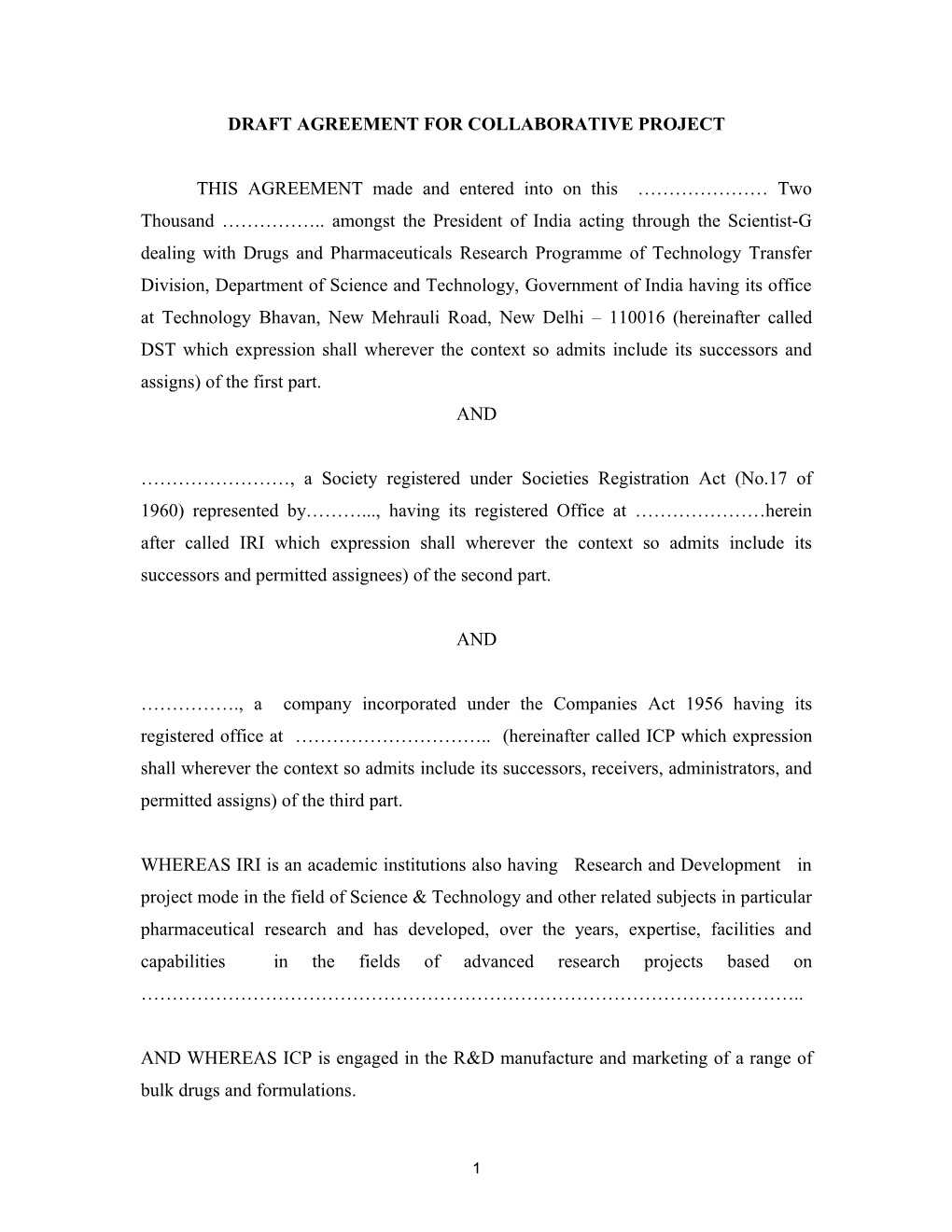 Draft Agreement for Collaborative Project