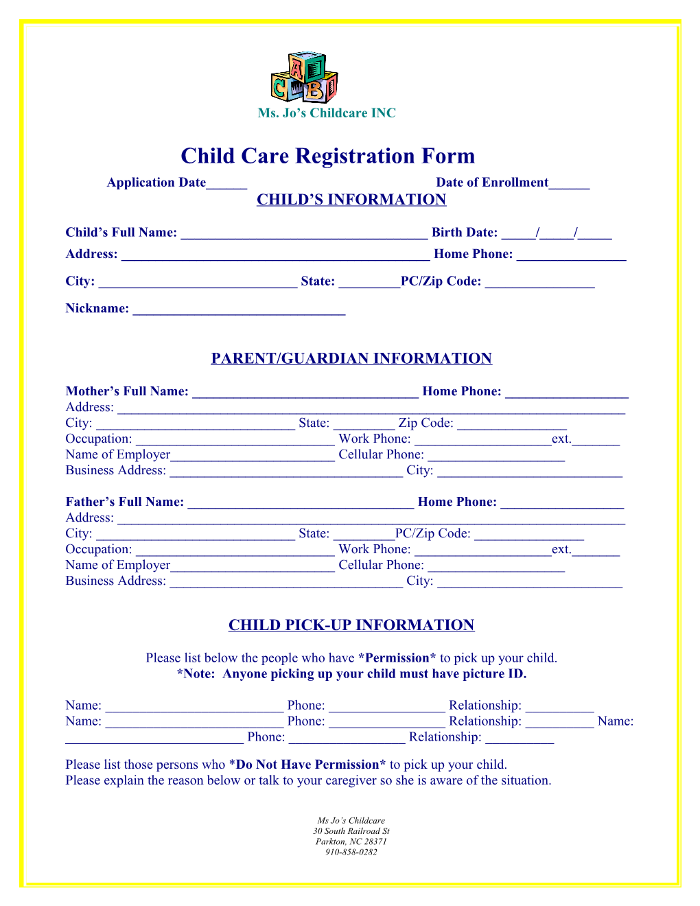 Child Care Registration Form