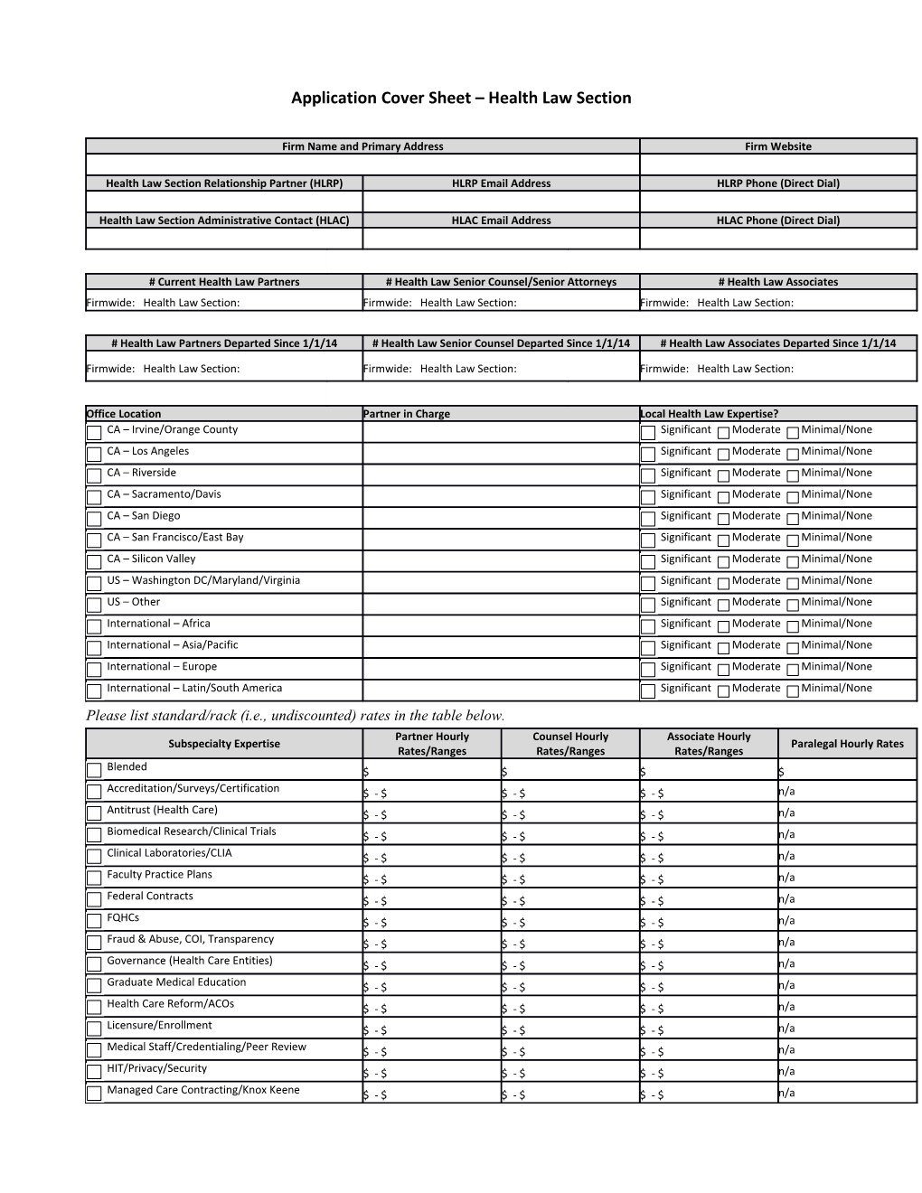 Application Cover Sheet Health Law Section
