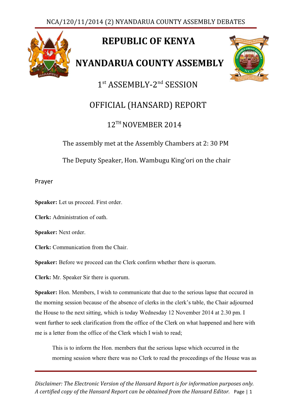 Nca/120/11/2014 (2) Nyandarua County Assembly Debates