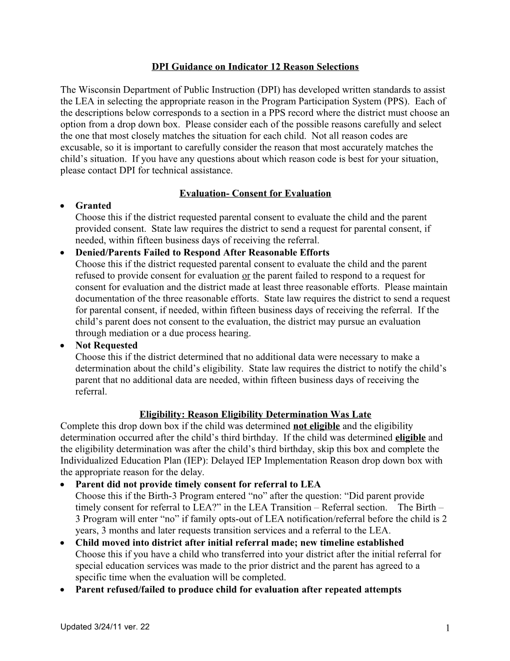 DPI Guidance on Indicator 12 Reason Selections