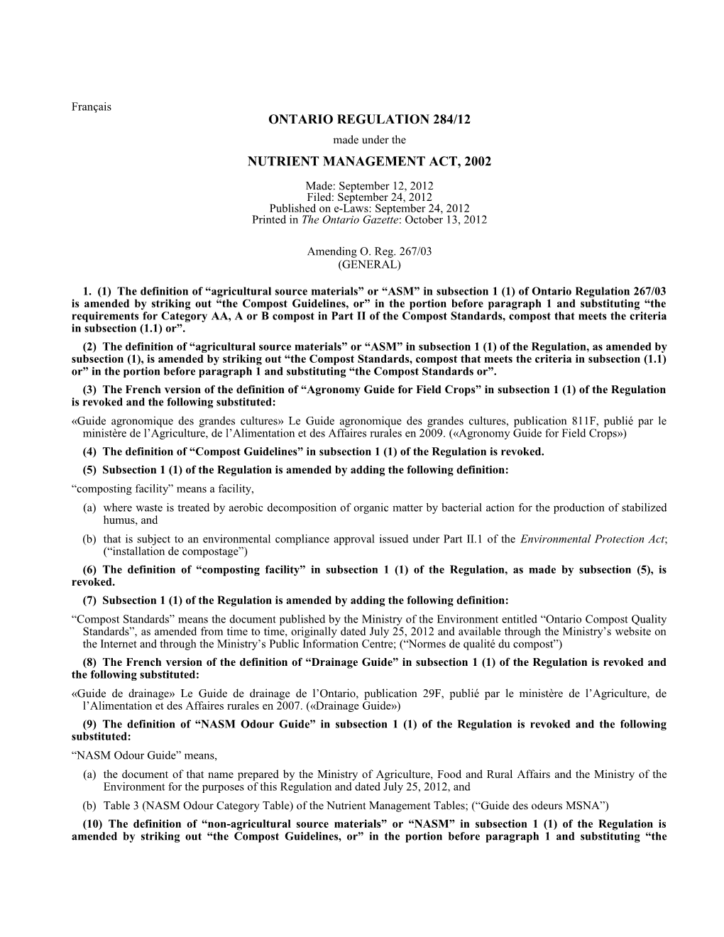 NUTRIENT MANAGEMENT ACT, 2002 - O. Reg. 284/12