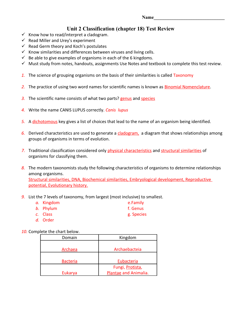 Unit 2 Classification (Chapter 18) Test Review