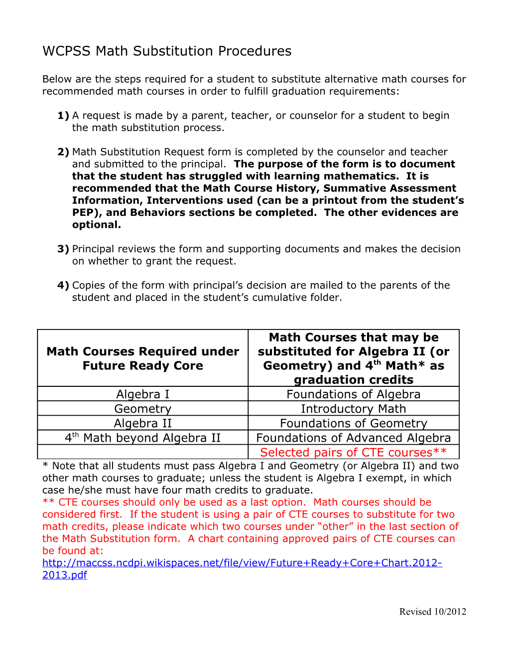 Process for Substituting Recommended Math Courses with Alternative Math Courses