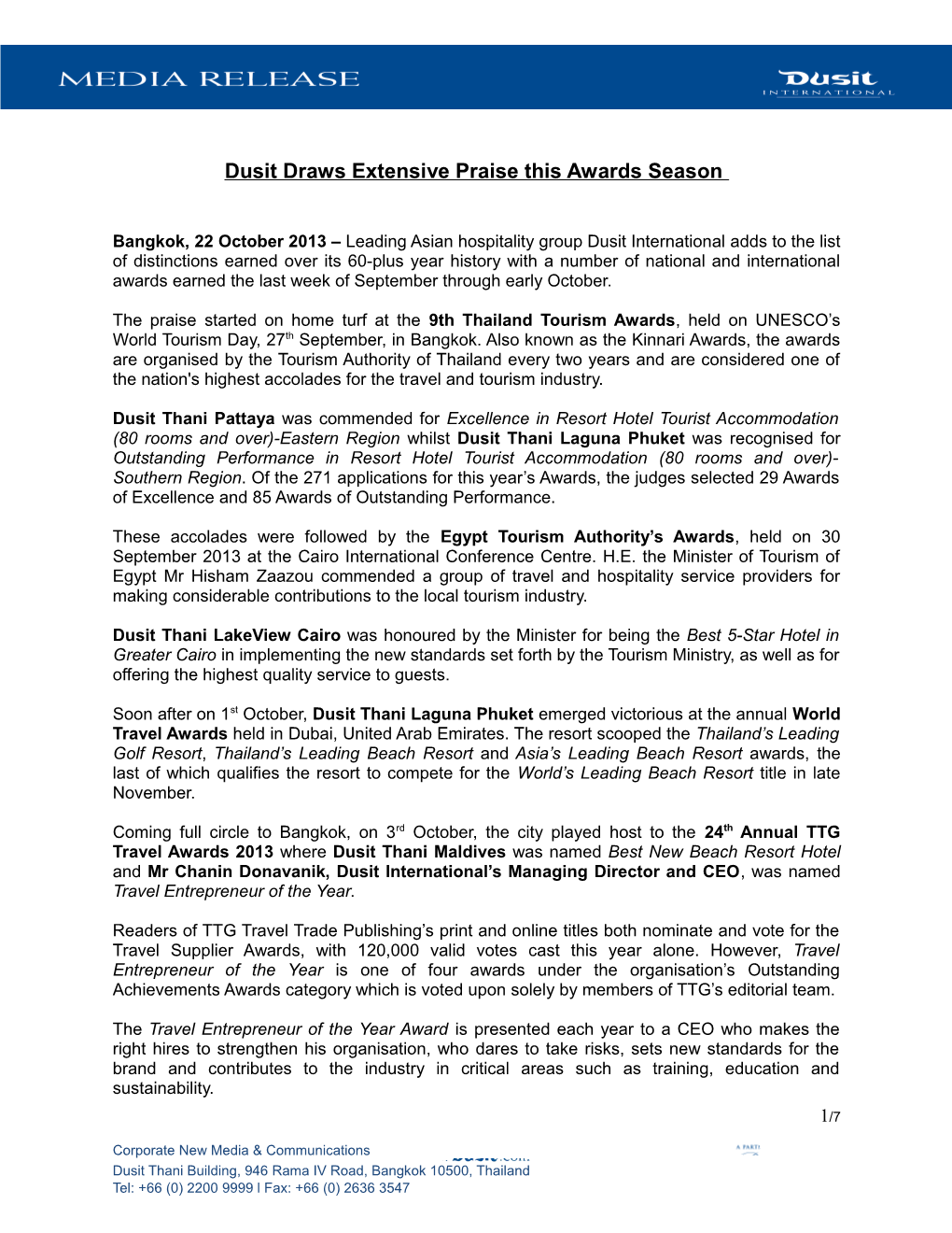 Dusit Draws Extensive Praise This Awards Season