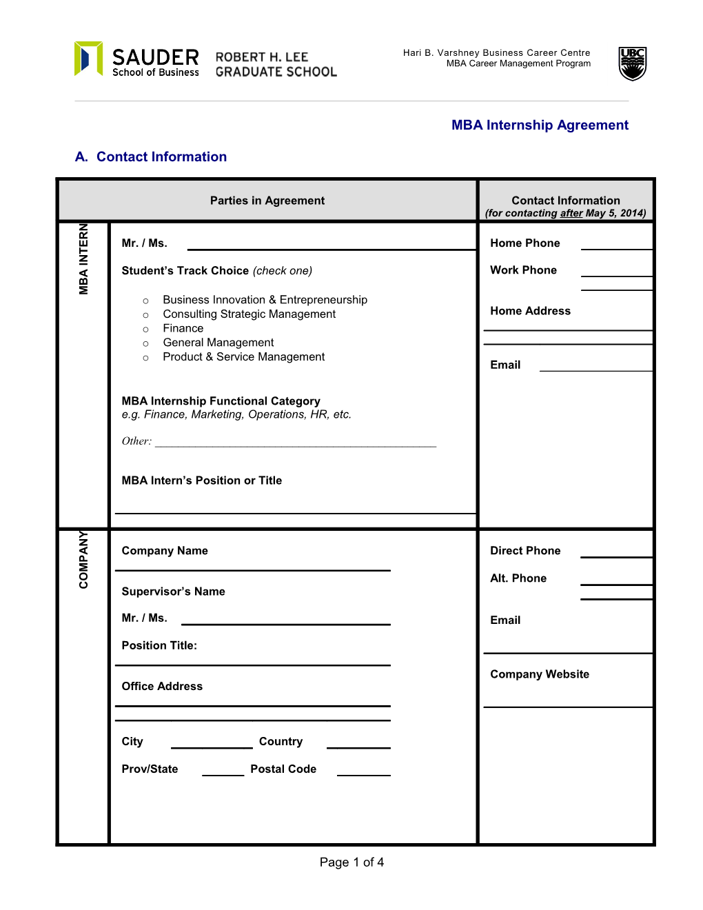 MBA Internship/Project Agreement