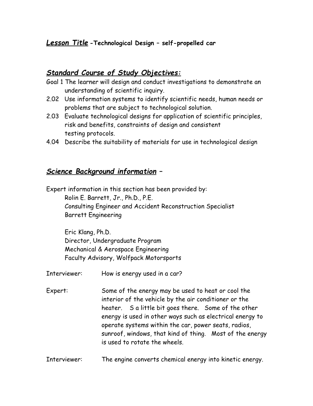 Lesson Title -Technological Design Self-Propelled Car