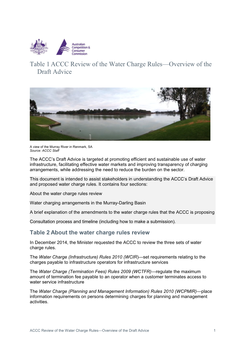 ACCC Review of the Water Charge Rules Overview of the Draft Advice
