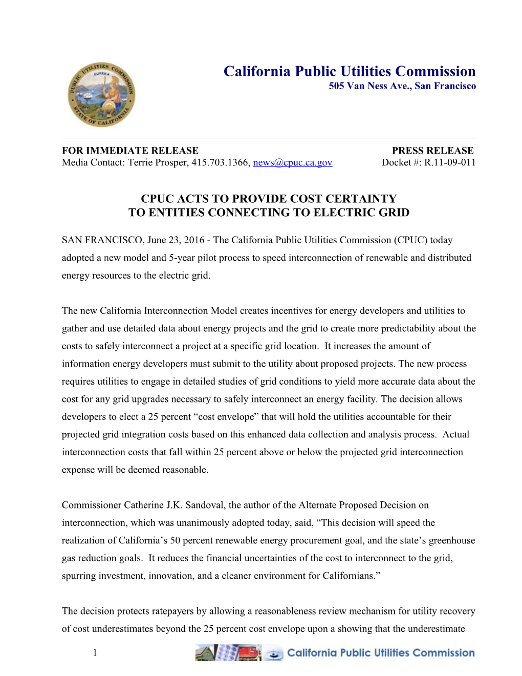 Cpuc Acts to Provide Cost Certainty to Entities Connecting to Electric Grid