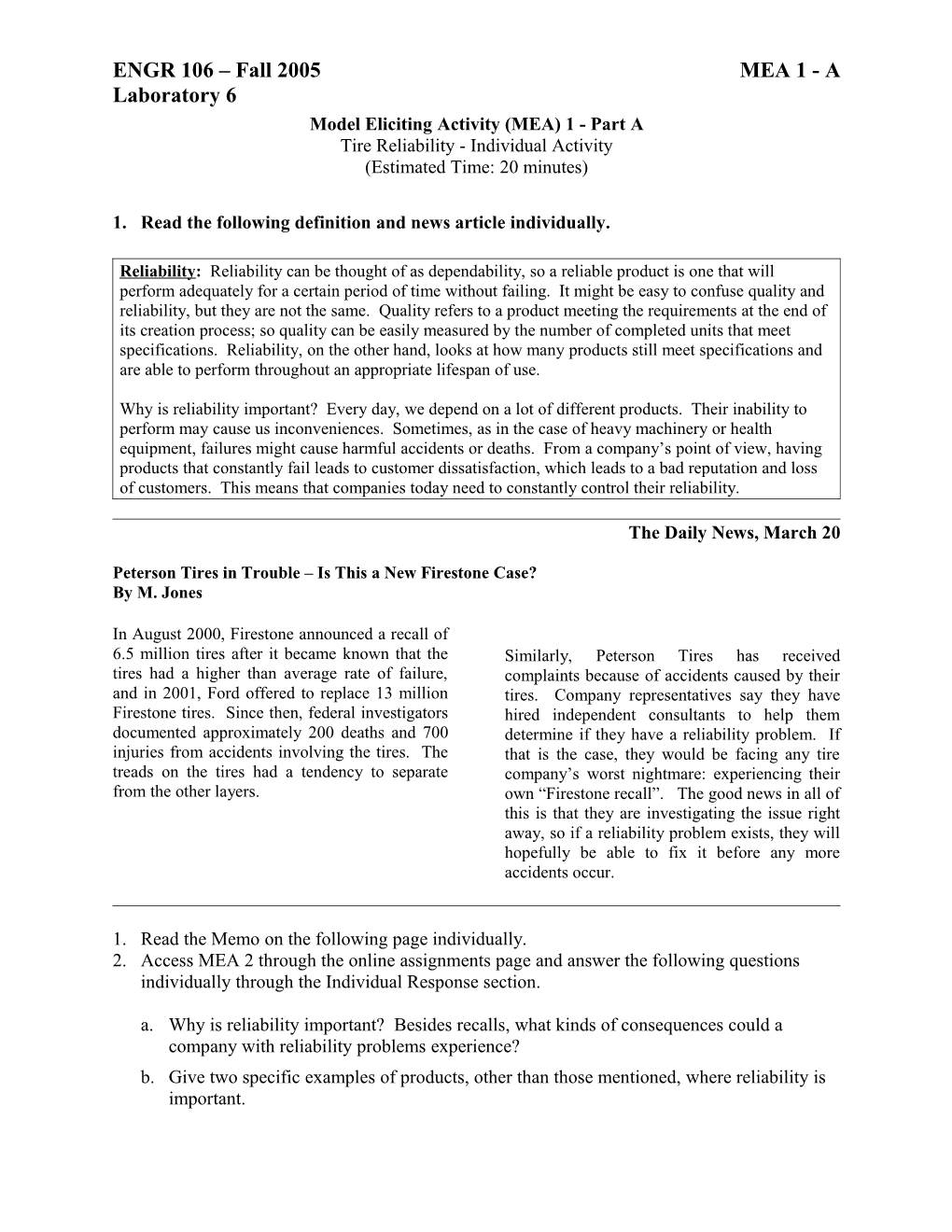 Model Eliciting Activity (MEA) 1 - Part A