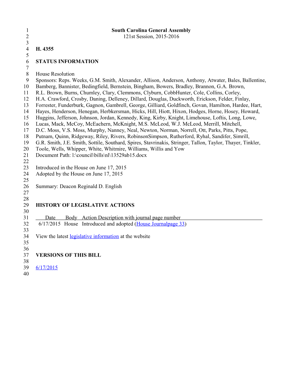 2015-2016 Bill 4355: Deacon Reginald D. English - South Carolina Legislature Online