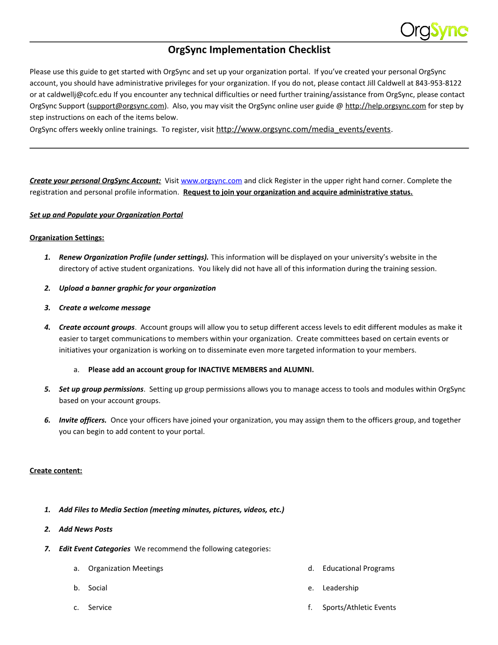 Orgsync Implementation Checklist