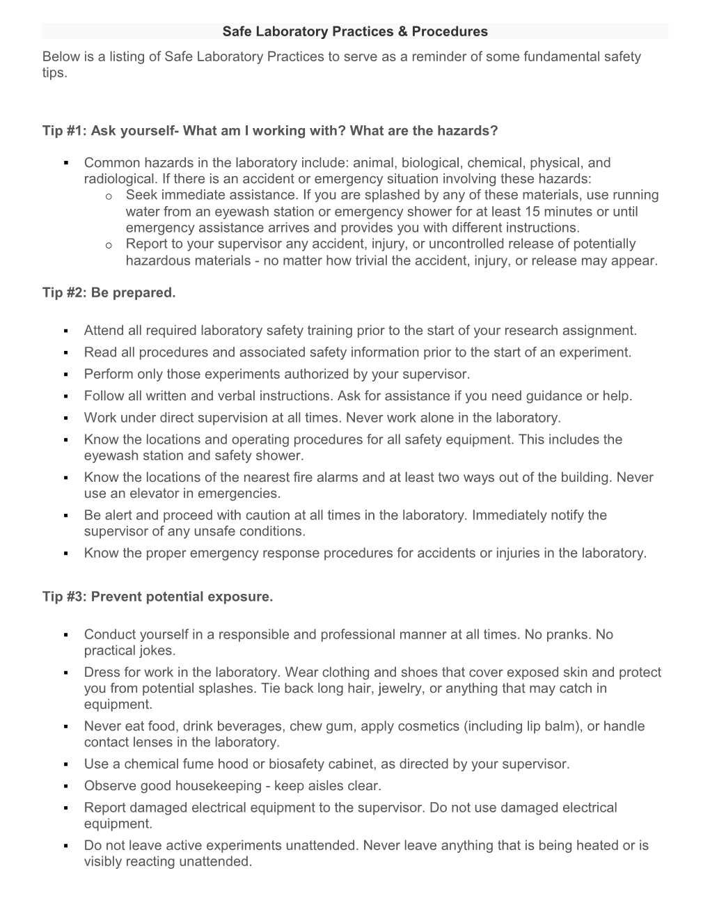 Safe Laboratory Practices and Procedures