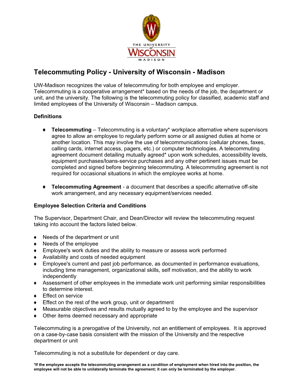 Telecommuting Policy -University of Wisconsin - Madison