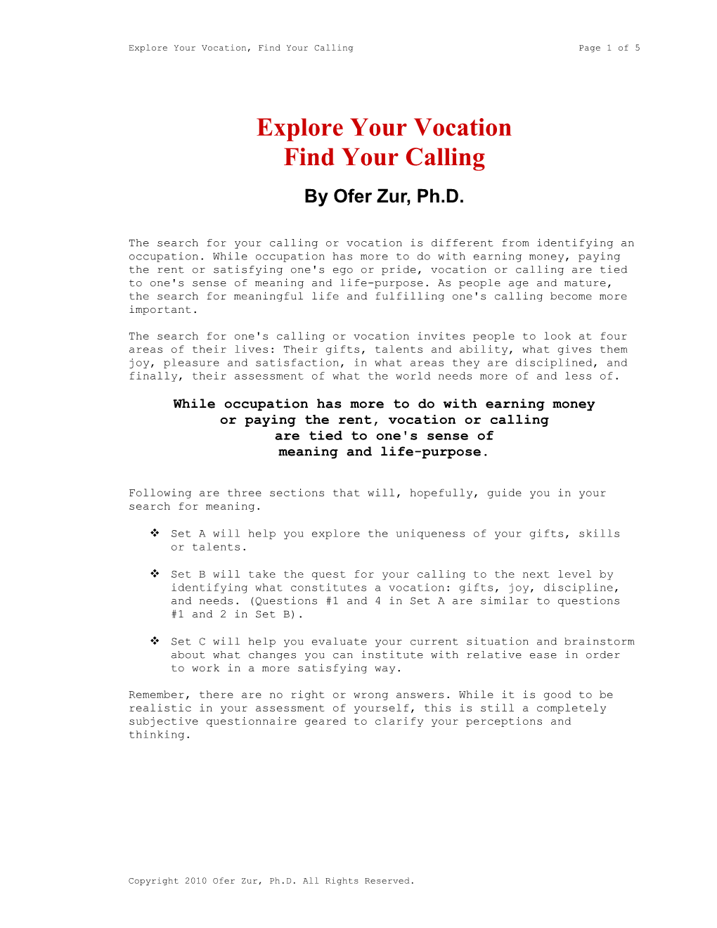 Explore Your Vocation, Find Your Calling Page 1 of 5