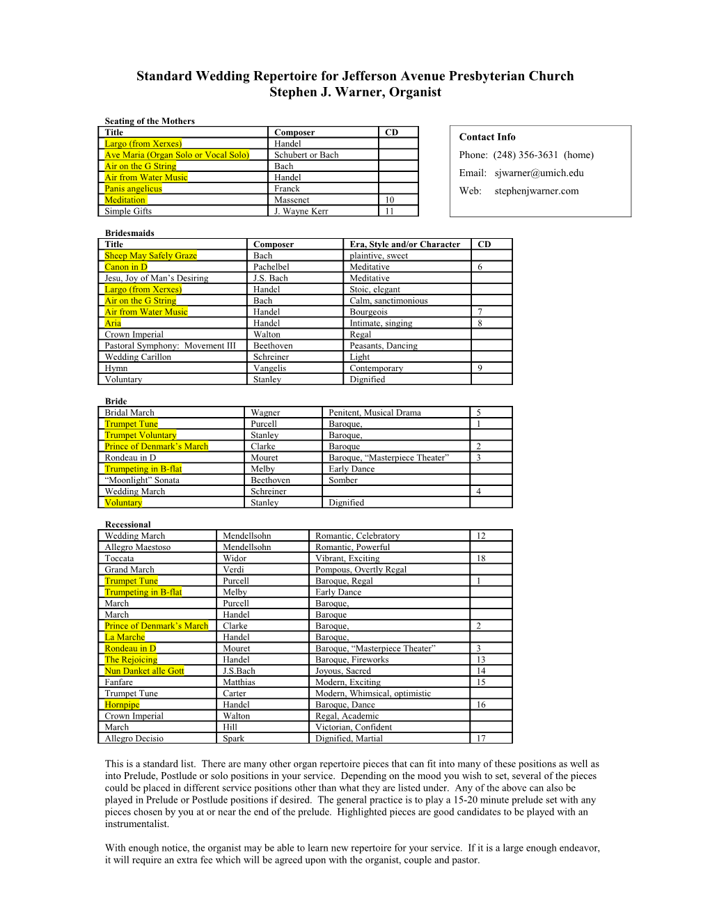 Standard Wedding Repertoire for Jefferson Avenue Presbyterian Church