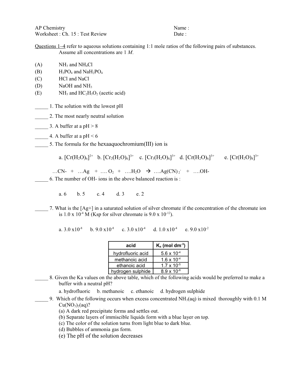 Worksheet : Ch. 15 : Test Reviewdate