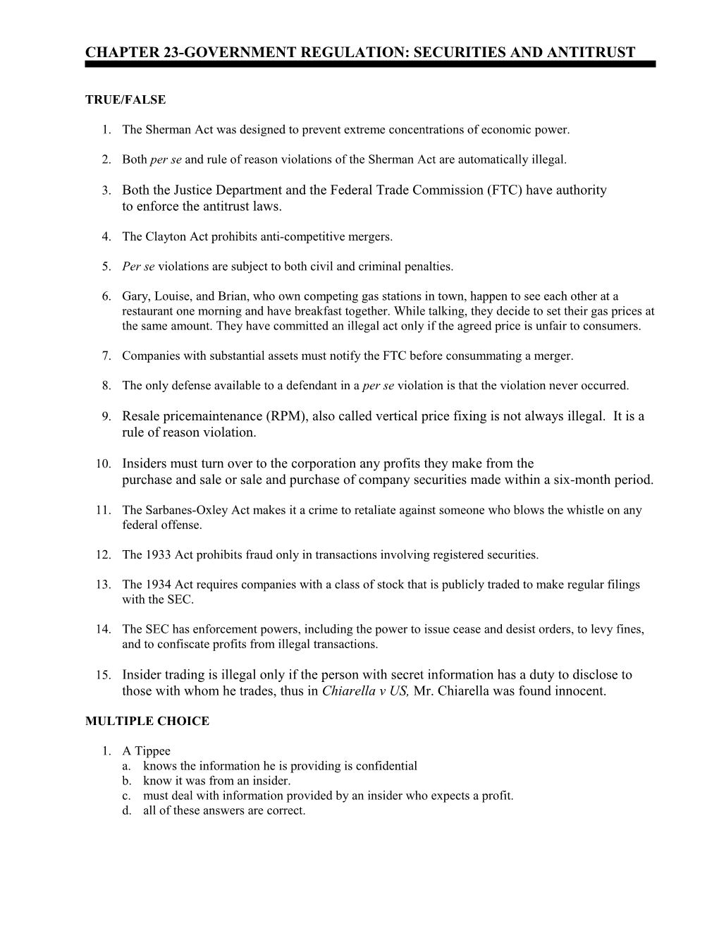 Chapter 23-Government Regulation: Securities and Antitrust