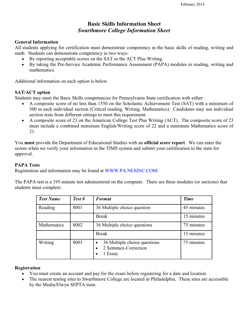 Basic Skills Information Sheet