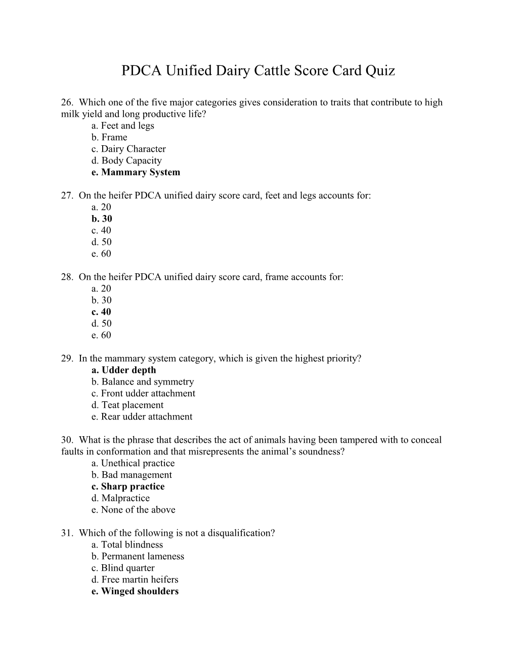 PDCA Unified Dairy Cattle Score Card Quiz