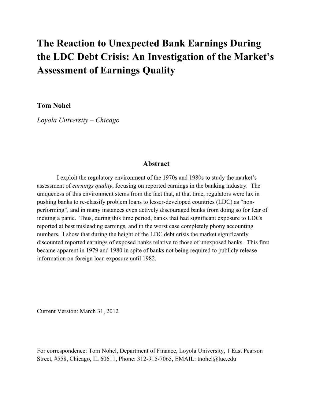 The Reaction to Unexpected Bank Earnings During the LDC Debt Crisis: an Investigation