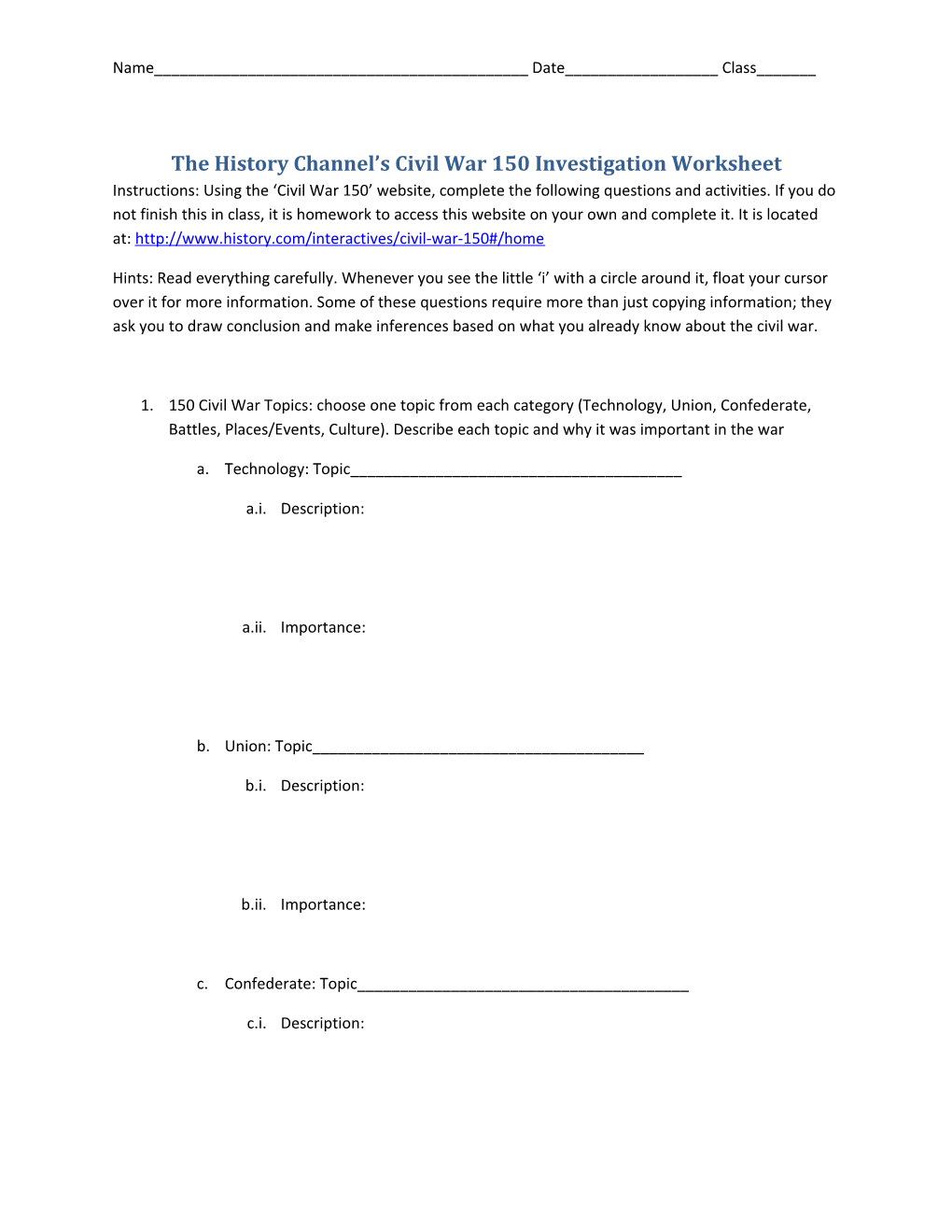 The History Channel S Civil War 150 Investigation Worksheet