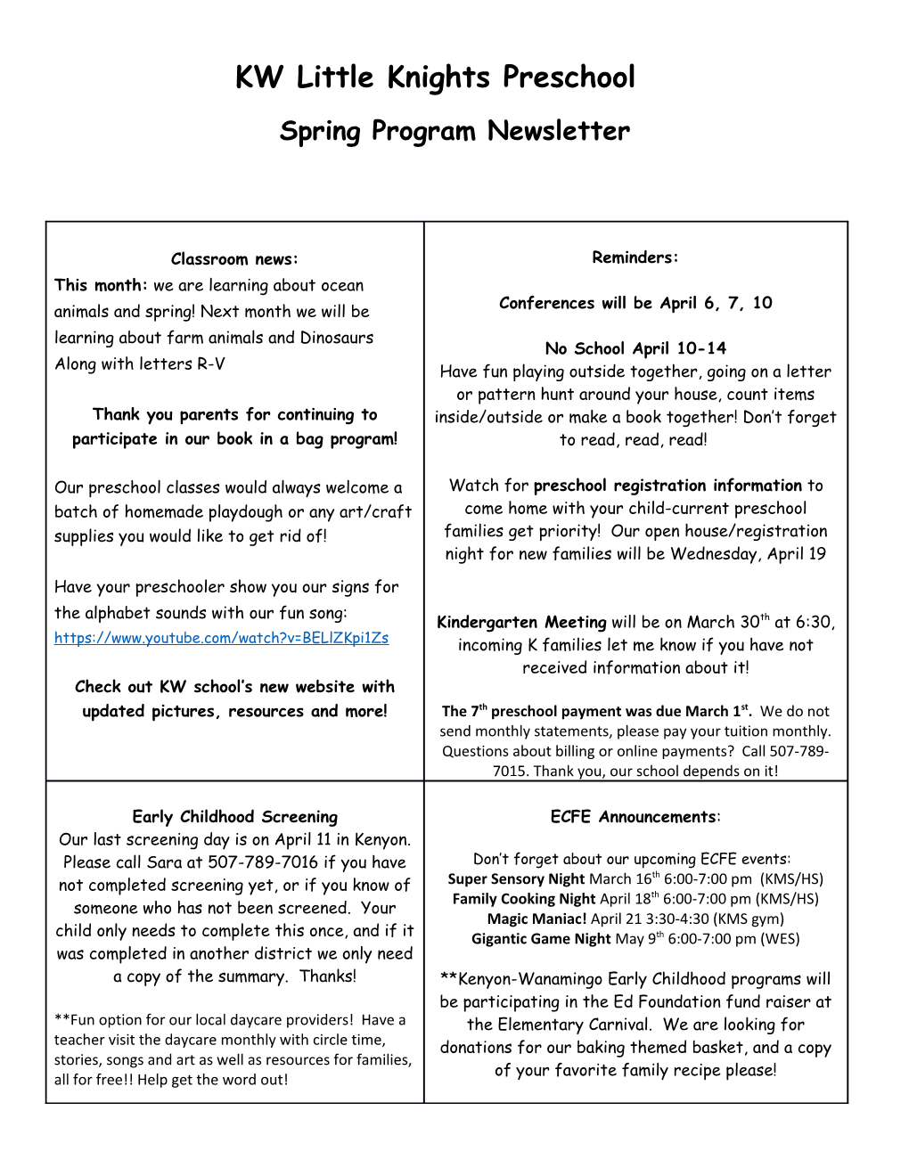 Spring Program Newsletter