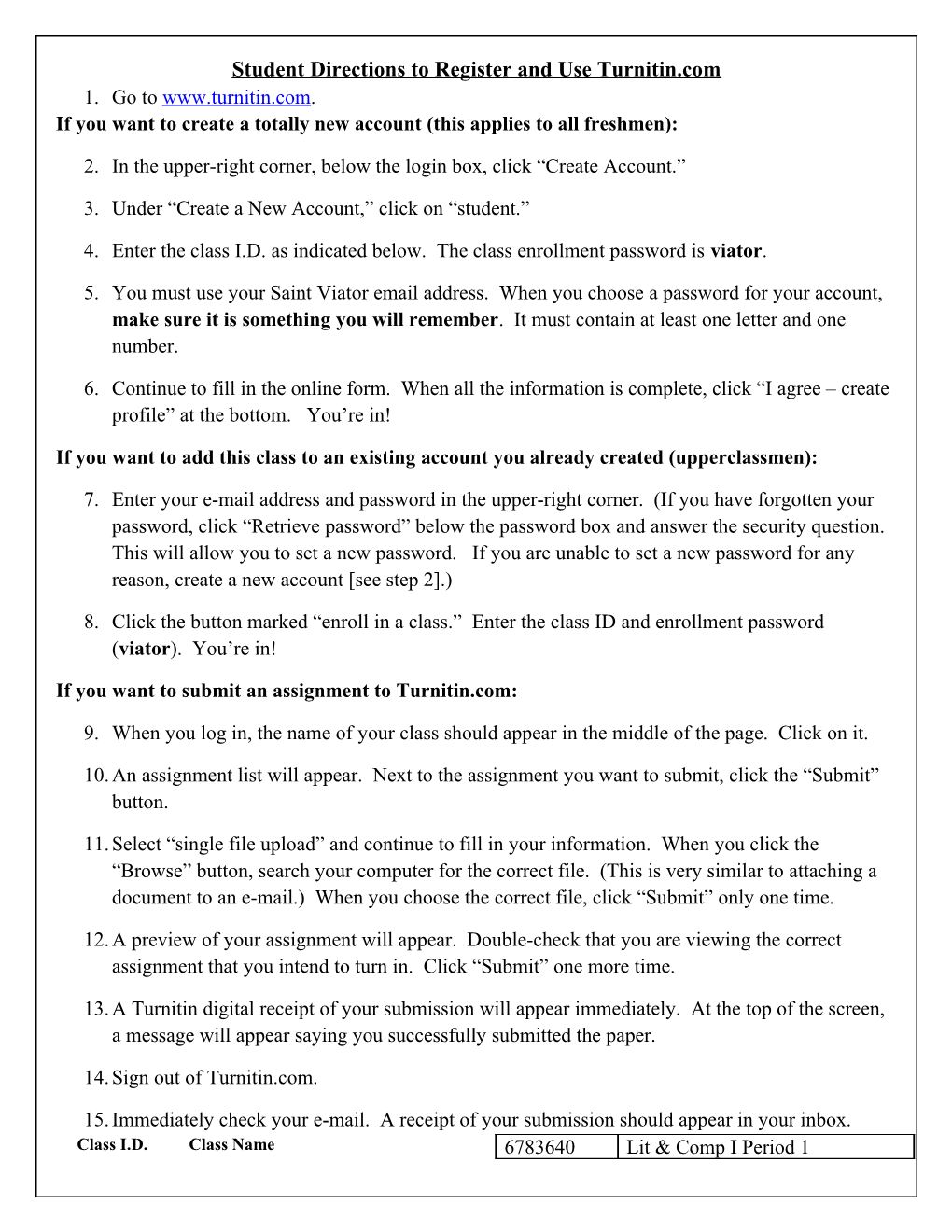 Student Directions to Register and Access Turnitin