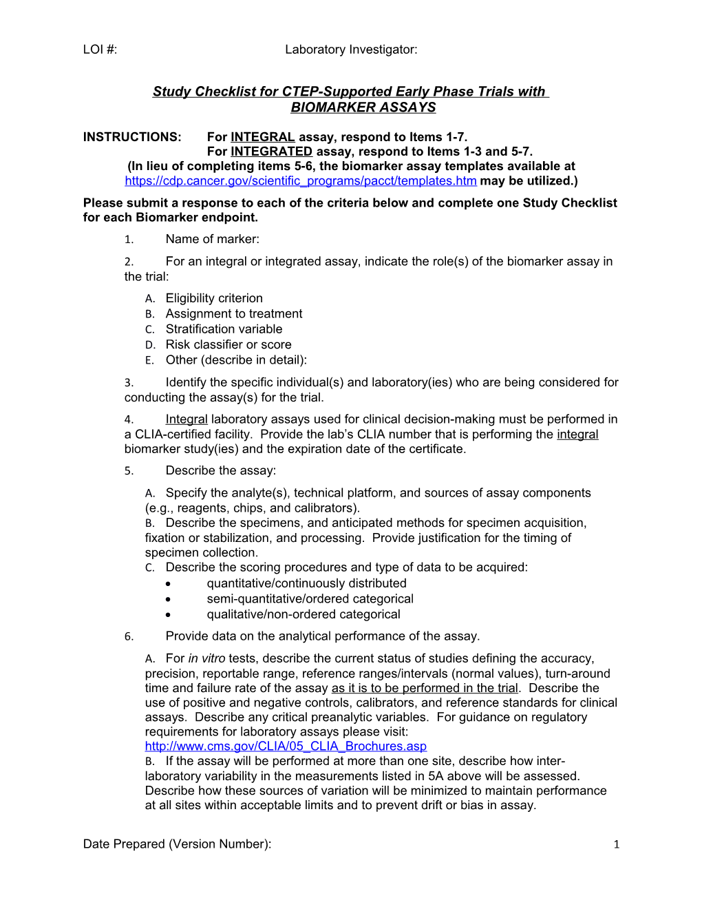 Study Checklist for Early Phase Trials with Biomarker Assays