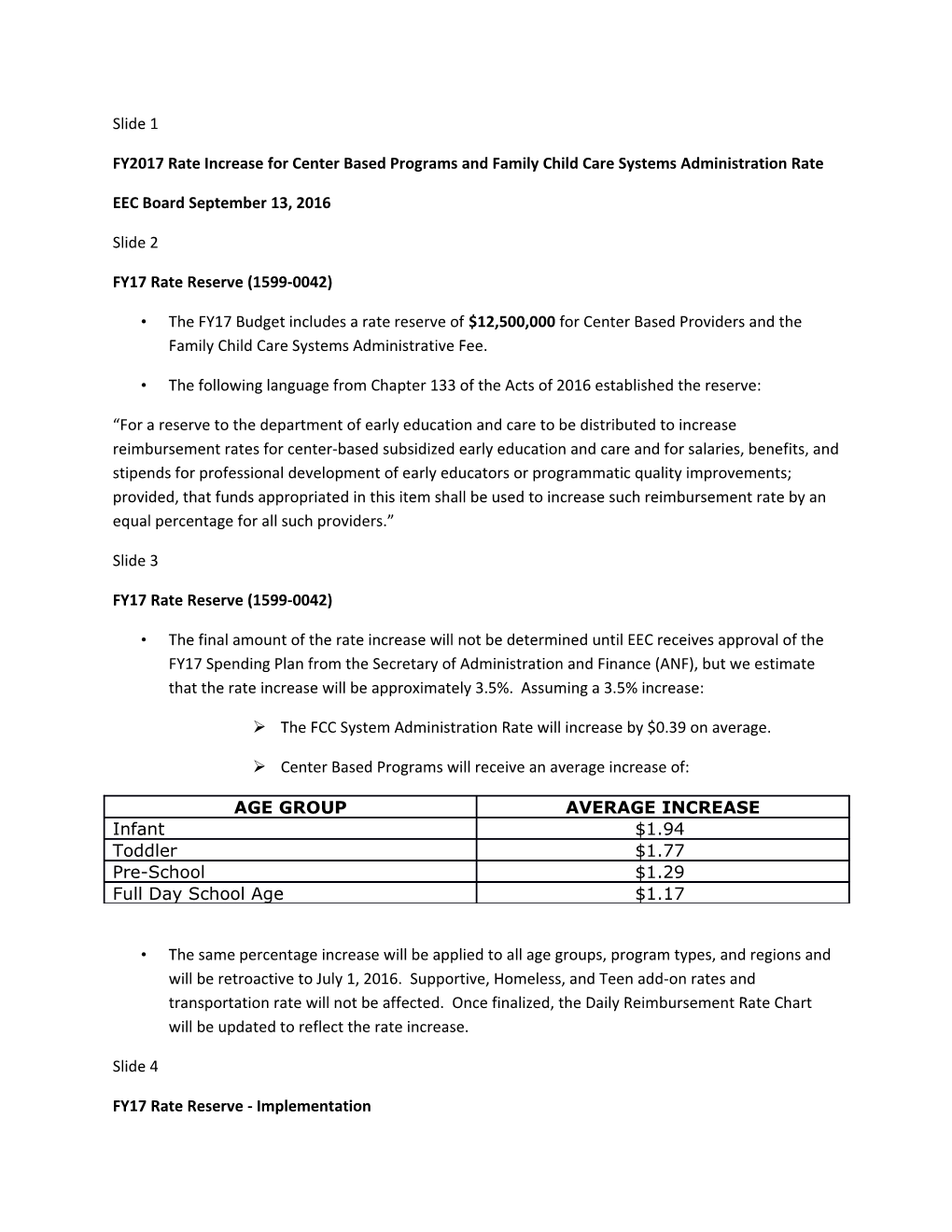 FY2017 Rate Increase for Center Based Programs and Family Child Care Systems Administration