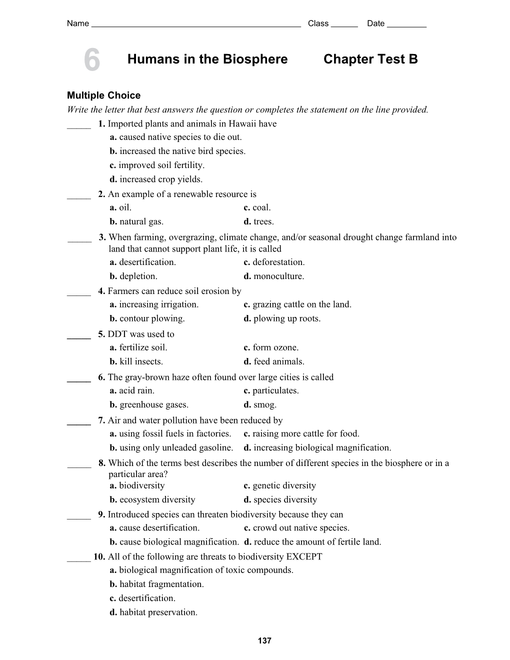 Humans in the Biospherechapter Test B