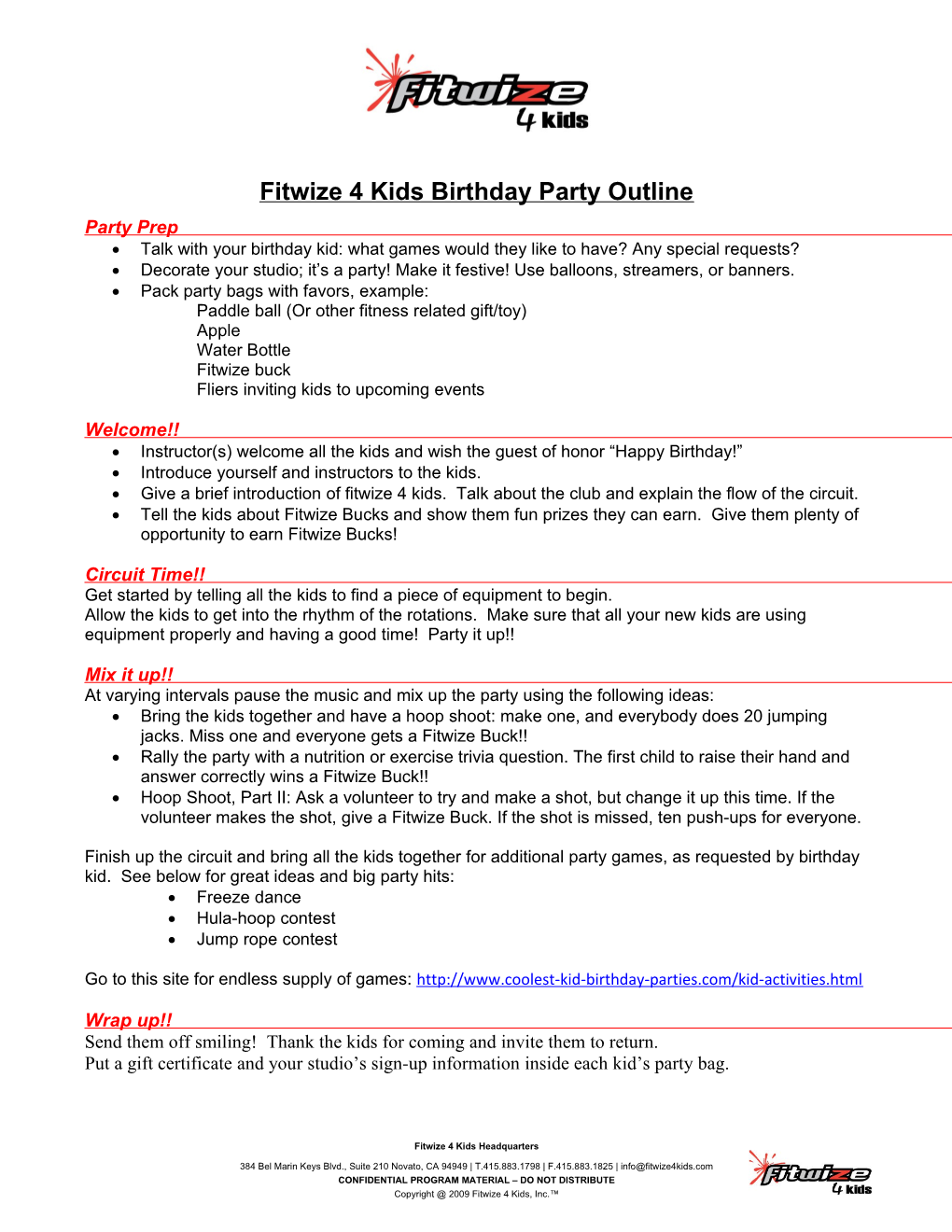 Fitwize 4 Kids Birthday Party Outline