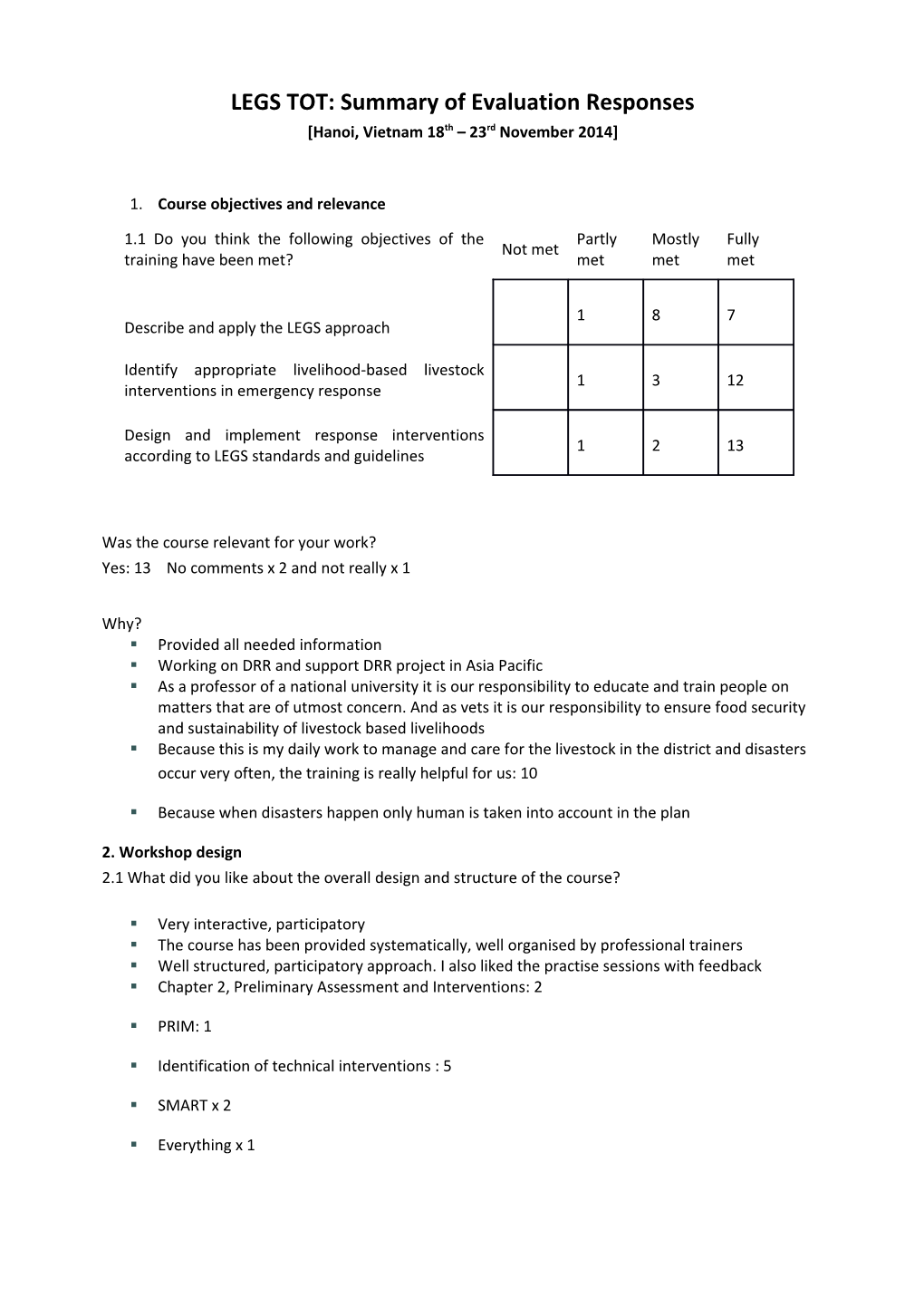 LEGS TOT: Summary of Evaluation Responses