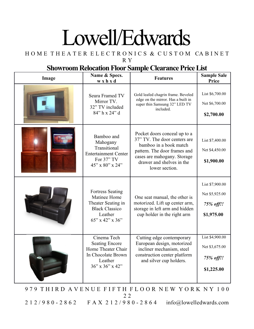 Showroom Relocation Floor Sample Clearance Price List