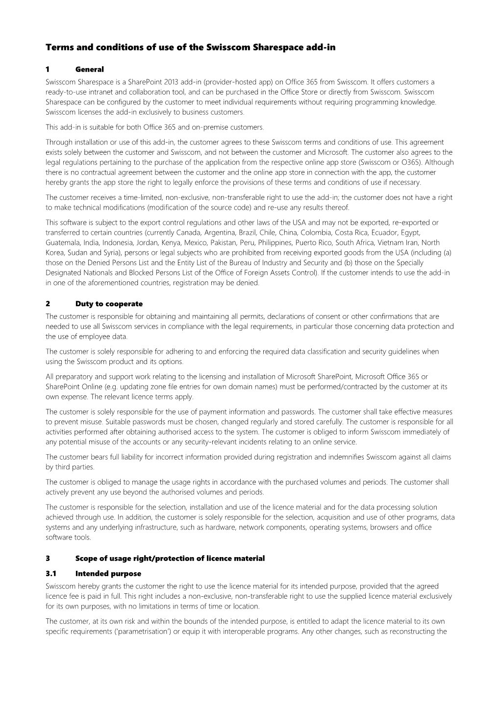 Terms and Conditions of Use of the Swisscom Sharespace Add-In