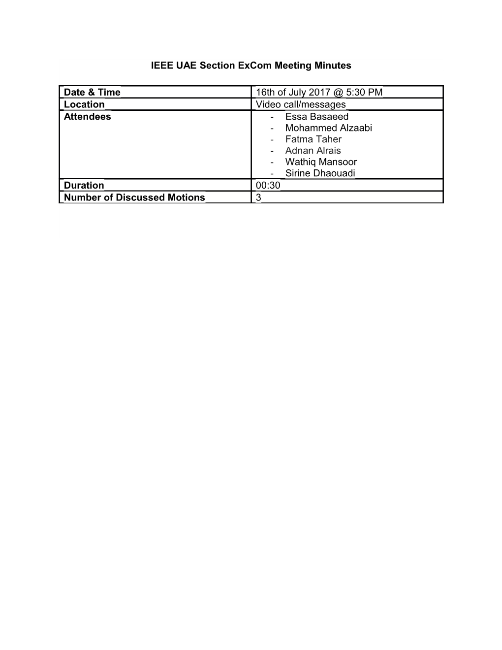 IEEE UAE Section Excom Meeting Minutes