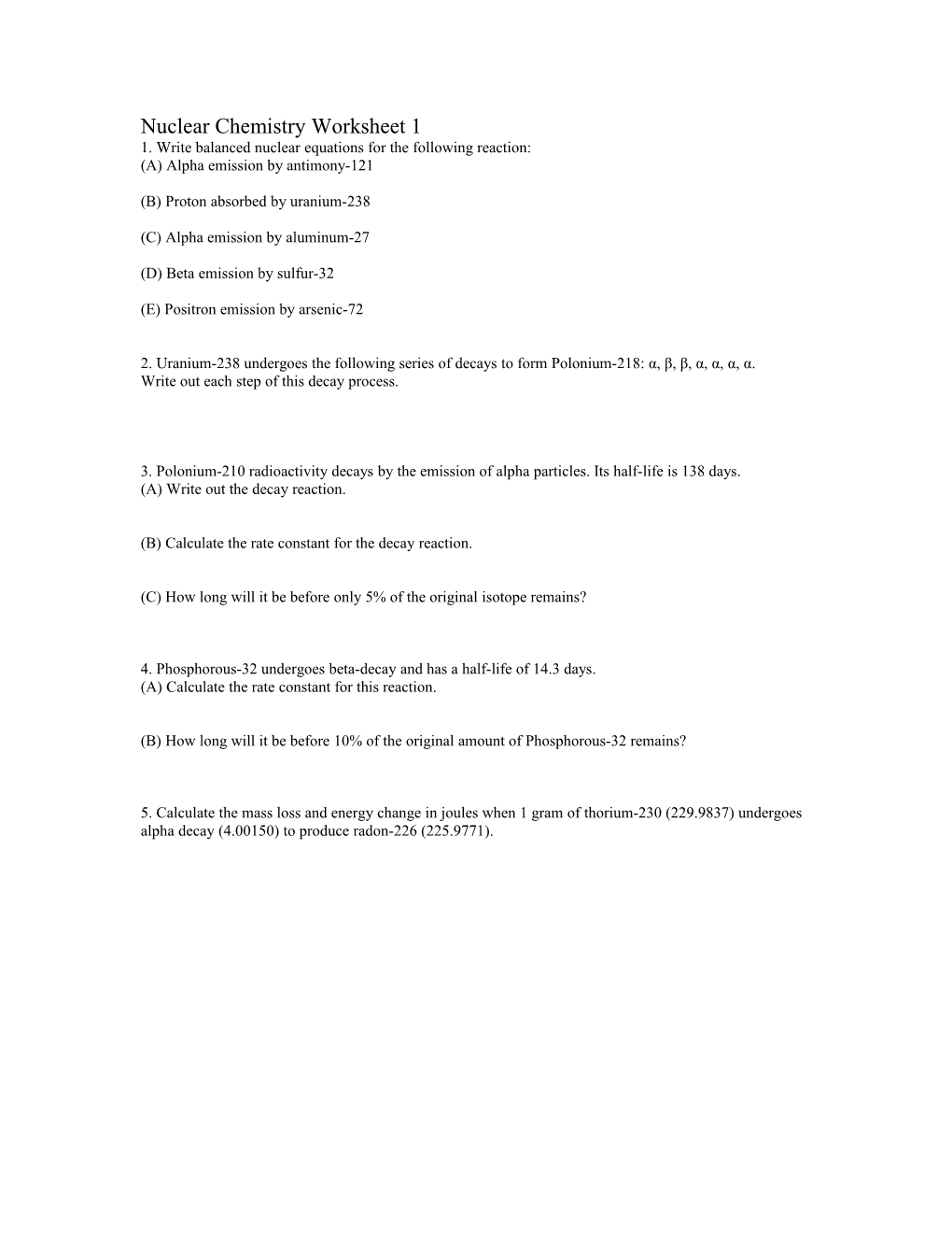 Nuclear Chemistry Worksheet 1